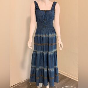 Lapis Denim tiered embroidered maxi Dress- Blue  country  western